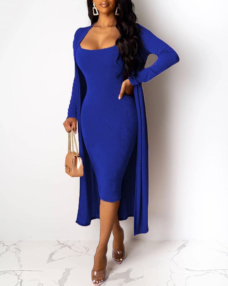 

Solid Spaghetti Strap Bodycon Dress & Casual Longline Coat Sets, Blue