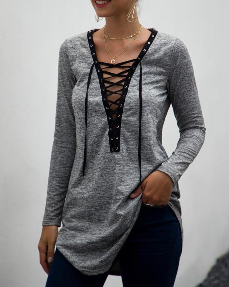 

Deep V Front Lace-Up Top, Gray