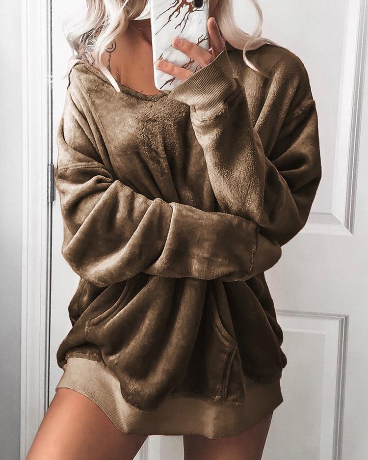 

Hooded Pocket Fluffy Casual Sweatshirt, Khaki