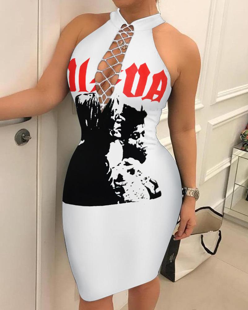 

Lace-Up Sleeveless Print Bodycon Dress, White