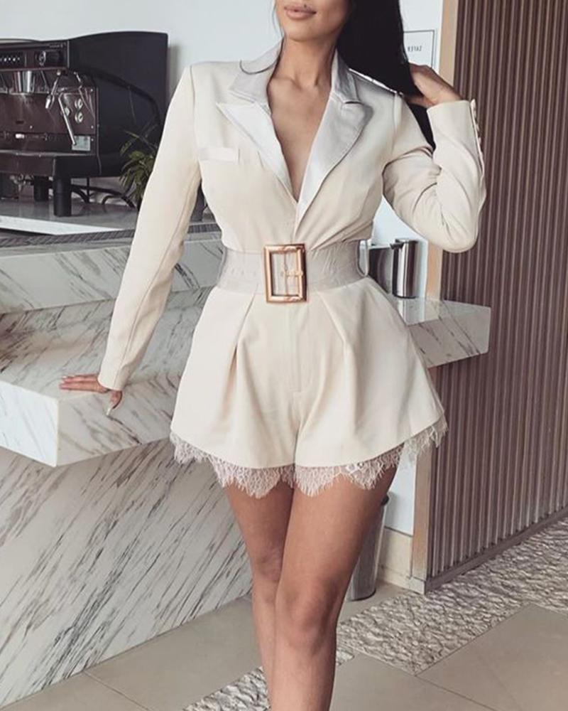 

Stitching Lace Long Sleeve Romper, Apricot