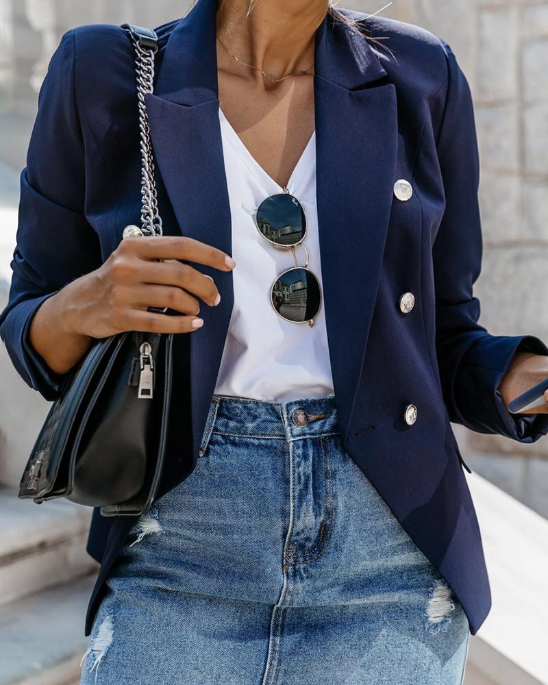 

Solid Notched Collar Double-breasted Blazer, Dark blue