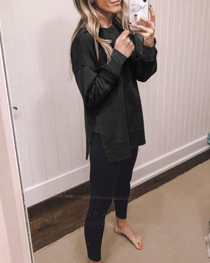 

Casual Solid Side Split Sweatshirt, Black