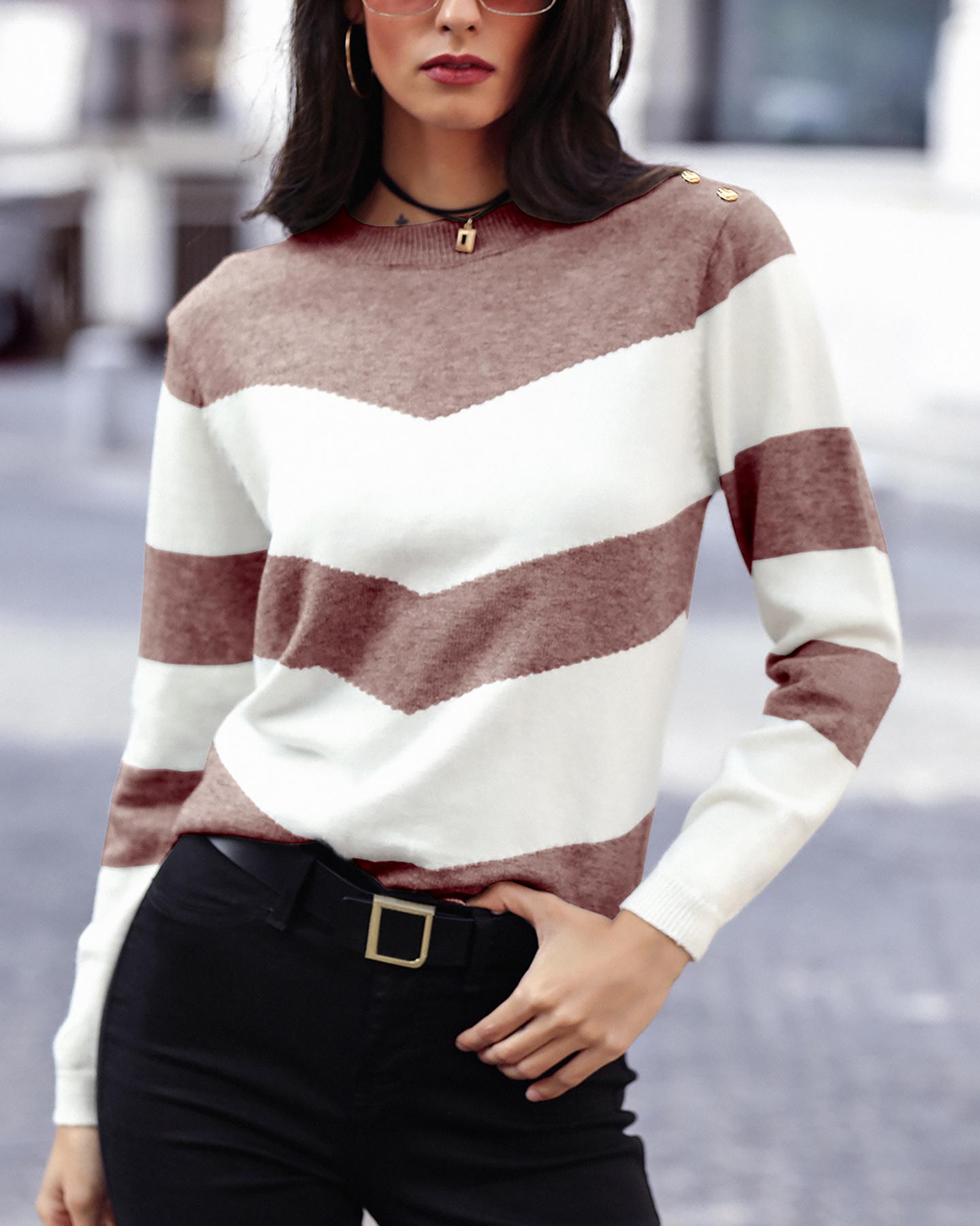 

Colorblock Striped Long Sleeve Sweater, Apricot