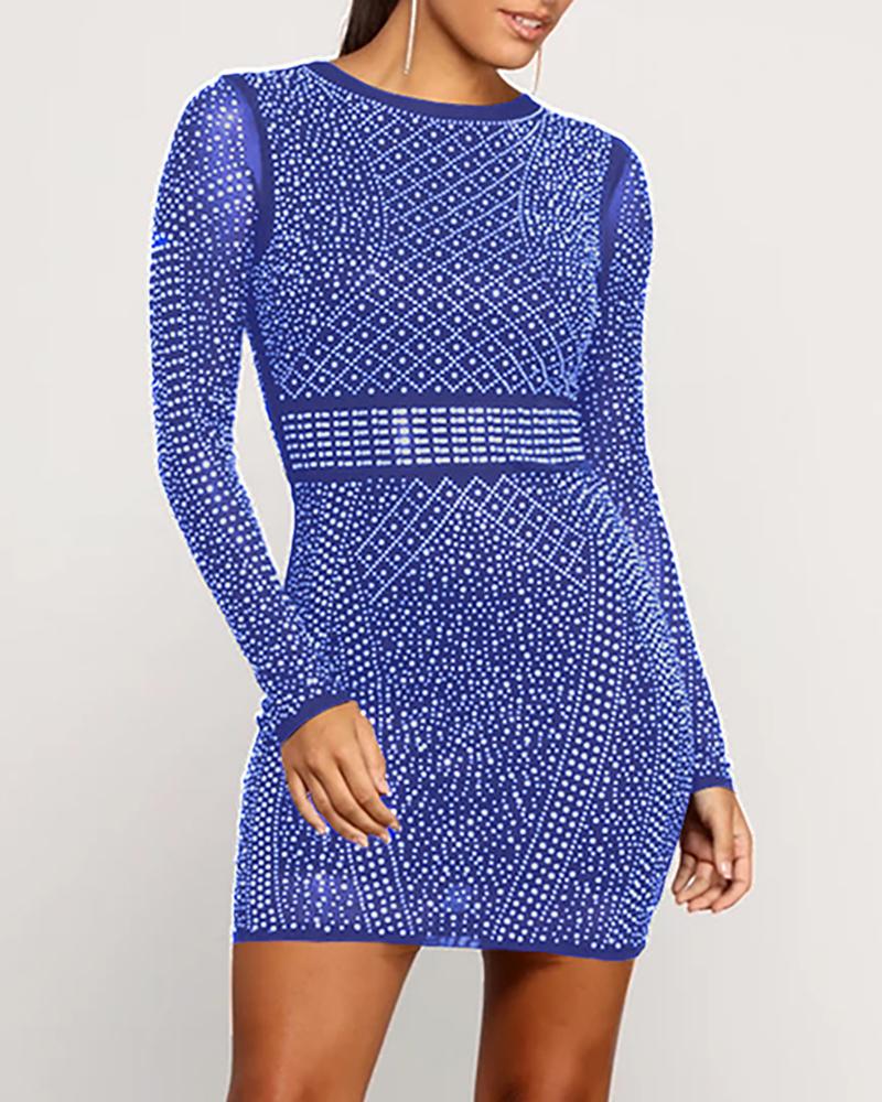 

Hot Stamping Sheer Mesh Bodycon Dress, Blue