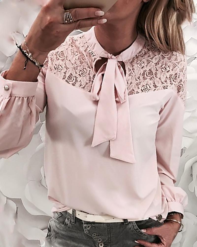 

Mesh Lace Inset Tied Neck Blouse, Pink