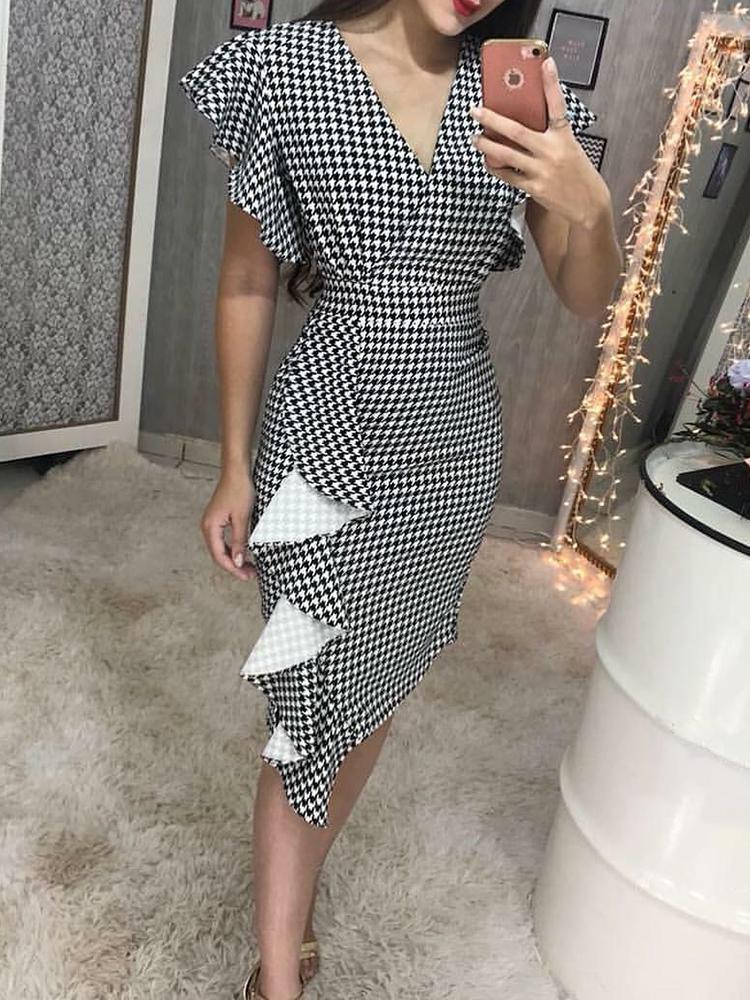 

Houndtooth Ruffles Design Wrapped Sheath Dress, Black
