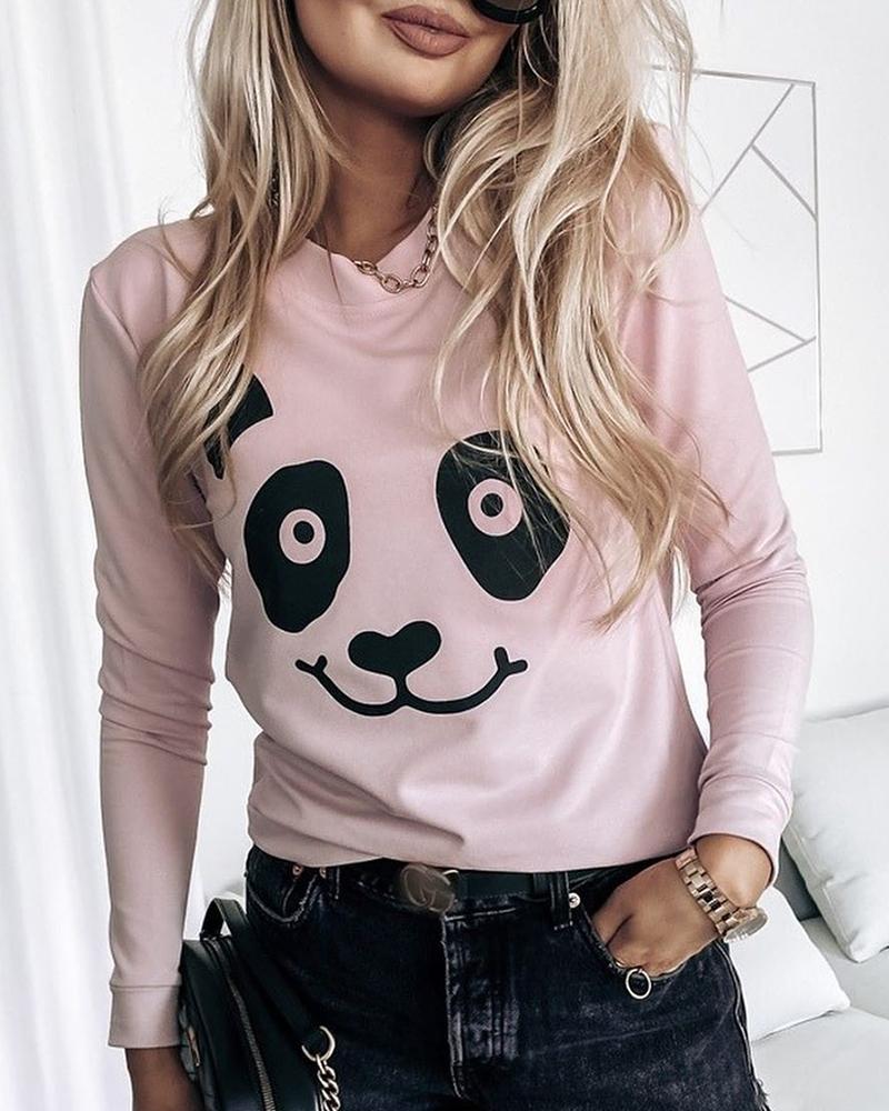 

Panda Print Long Sleeve Casual T-shirt, Pink