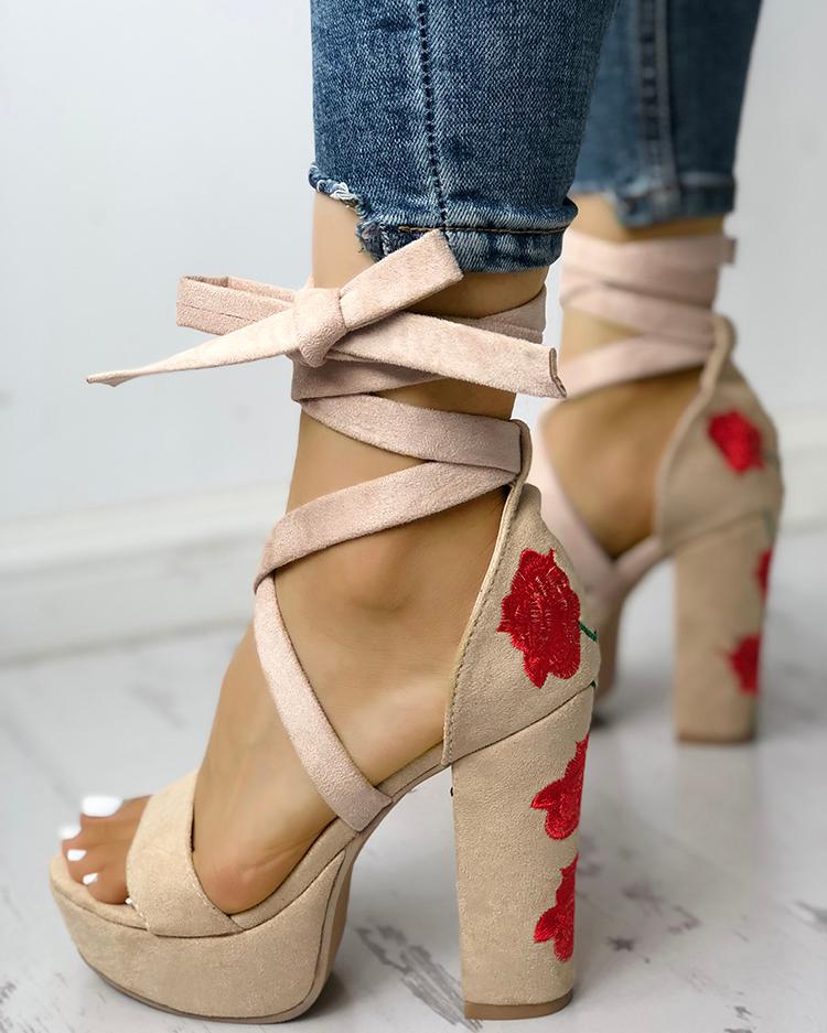 

Rose Embroidered Lace-up Chunky Heeled Sandals, Beige
