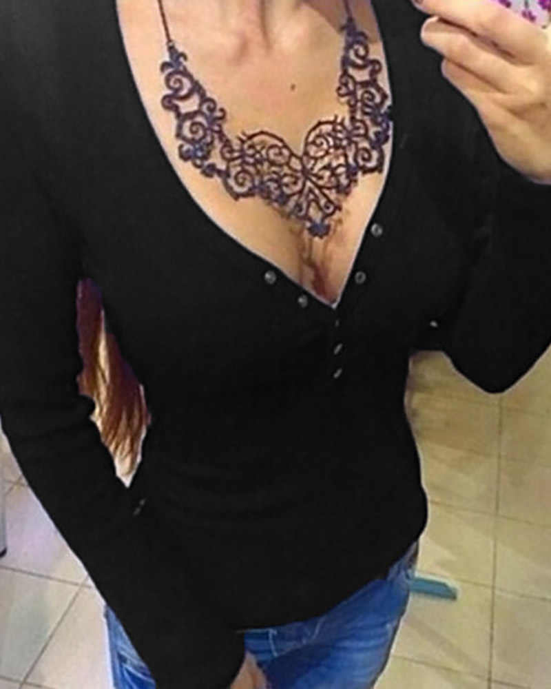 

Button Design V-neck Solid Long Sleeve T-shirt, Black