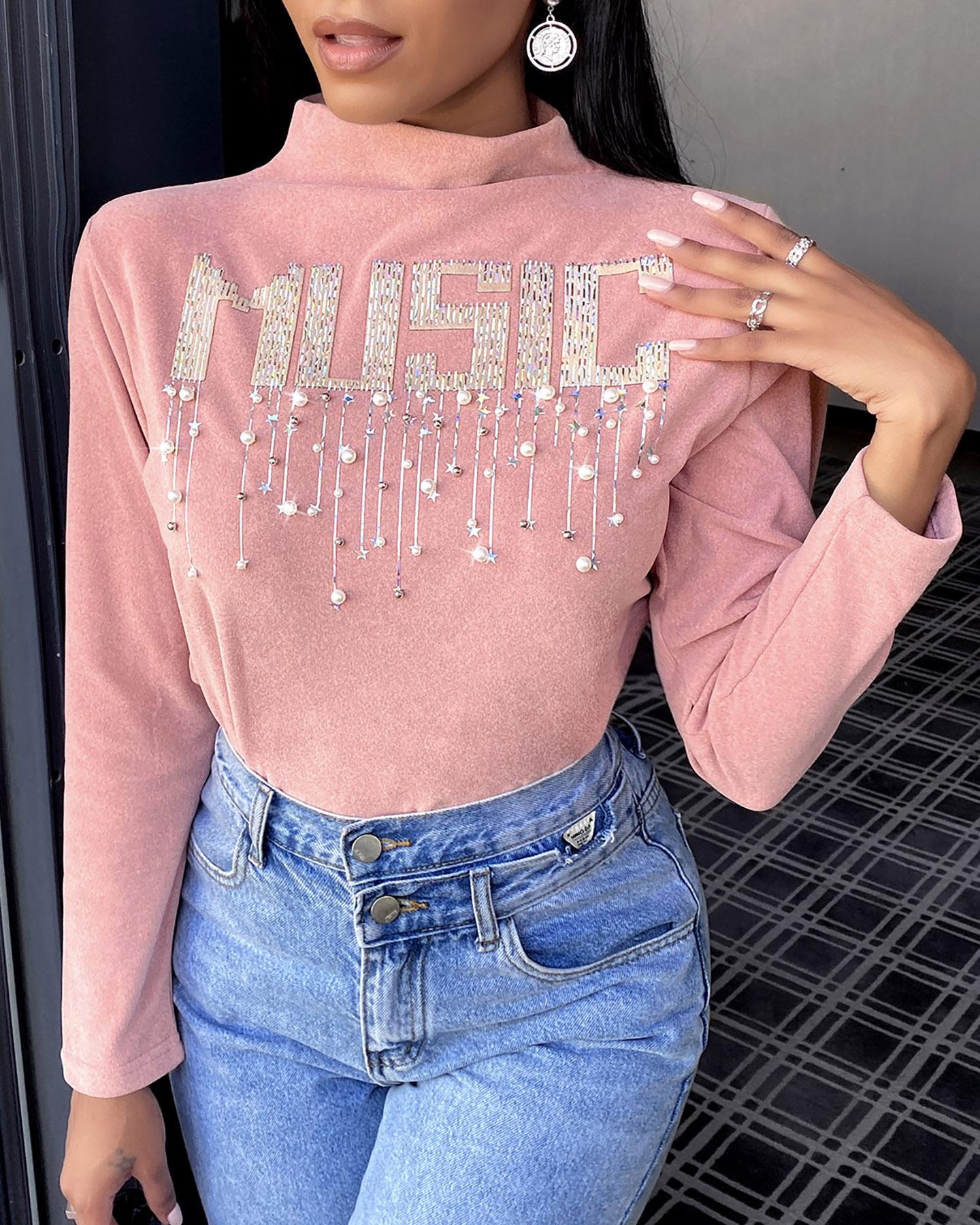 

Beaded Studded Long Sleeve Sweatshirt, Pink