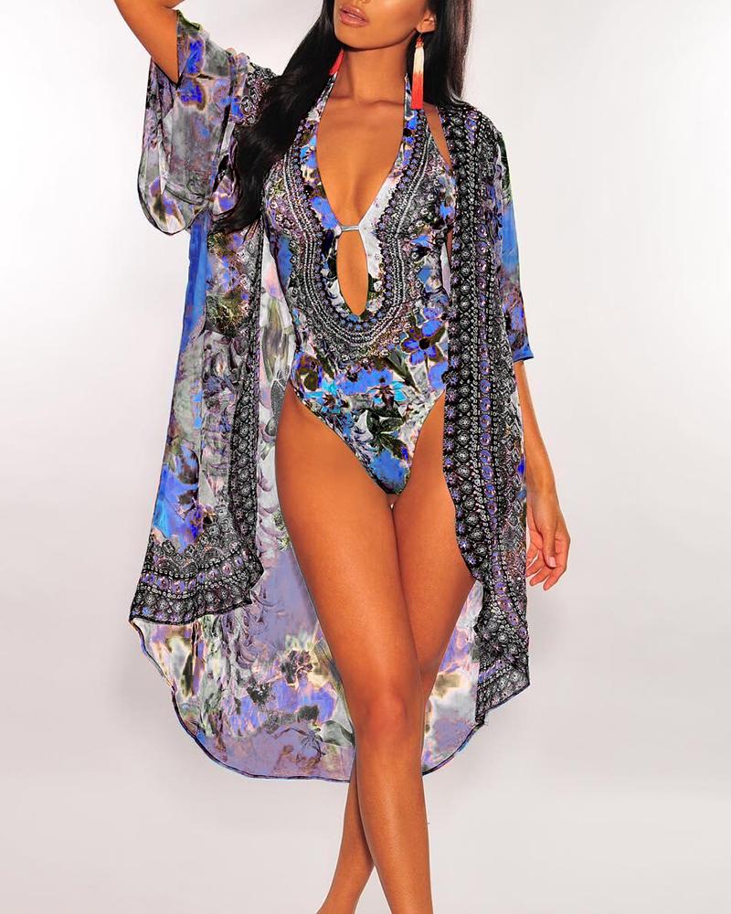 

Floral Print One Piece Swimwear With Cover Up, Blue