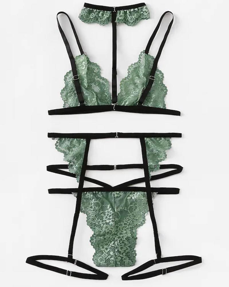 

Splicing Floral Lace Halter Sleeveless Bra Sets With Garter, Green
