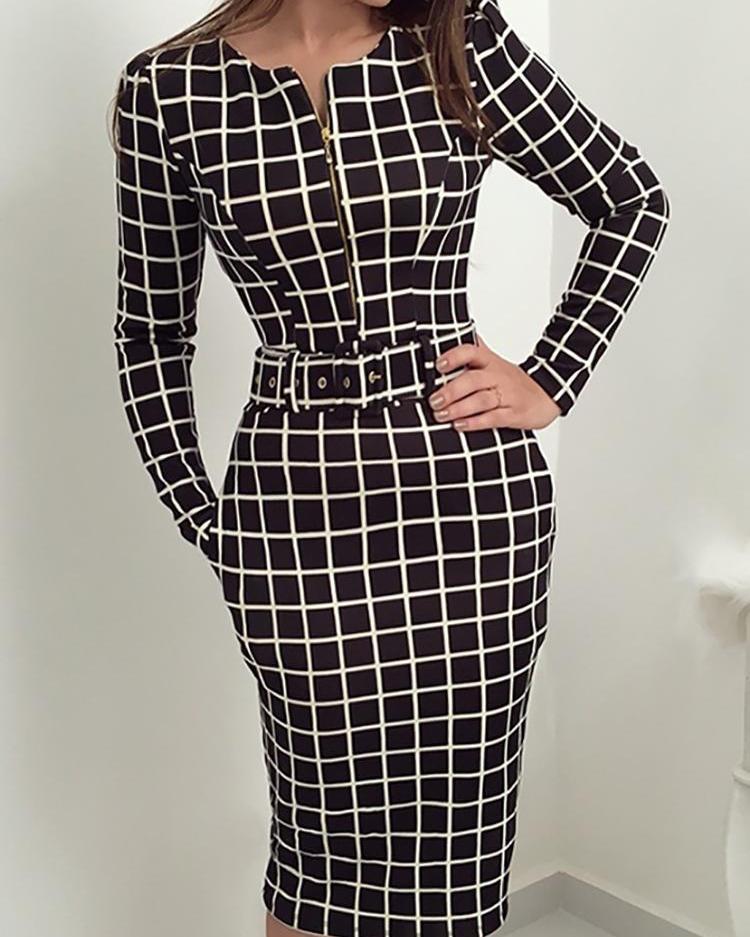 

Grid Long Sleeve Zipper Up Bodycon Dress