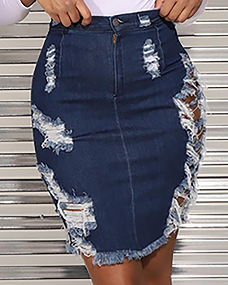 

Destroyed Frayed Hem Denim Skirts, Dark blue
