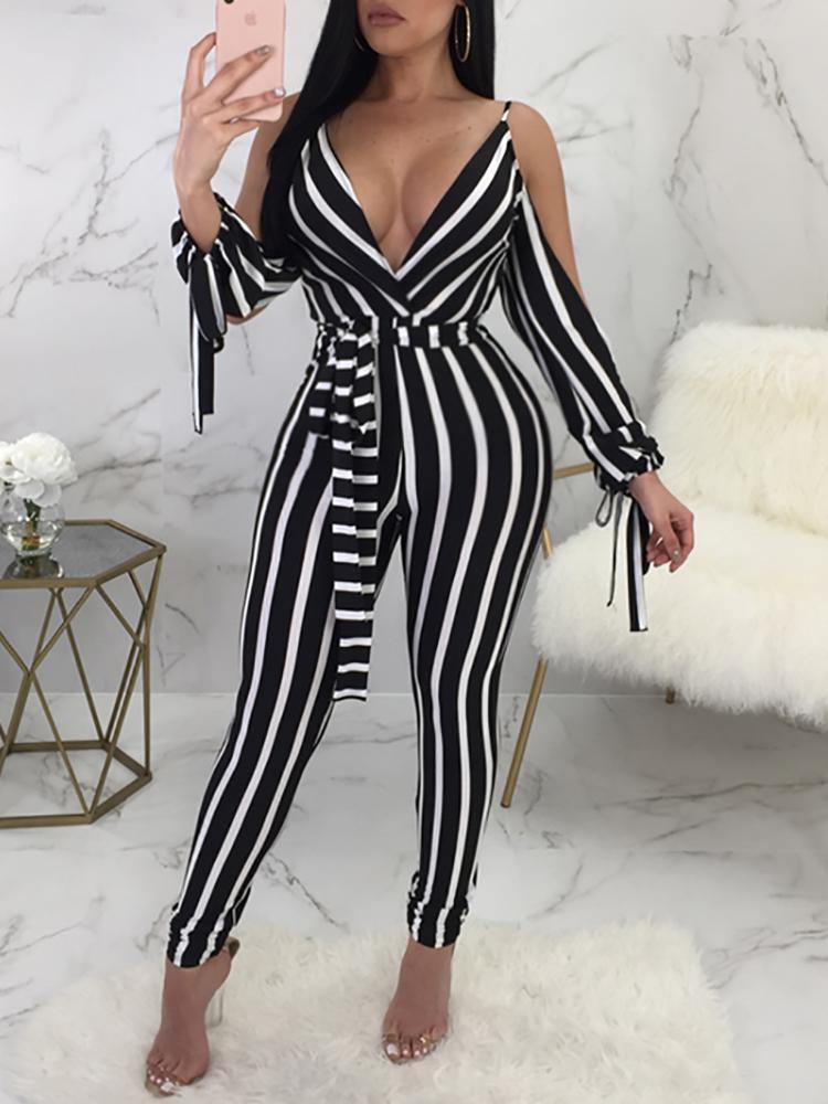 

Low Cut Striped Open Shoulder Tied Skinny Jumpsuit, Black