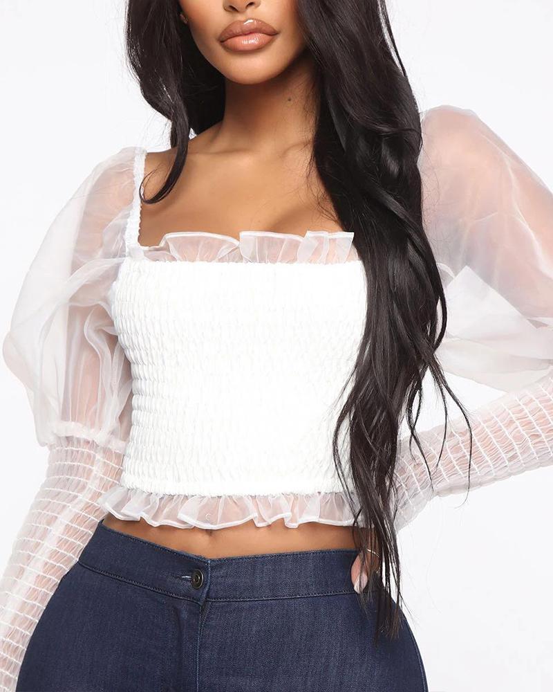 

Square Neck Ruffle Trim Mesh Top, White