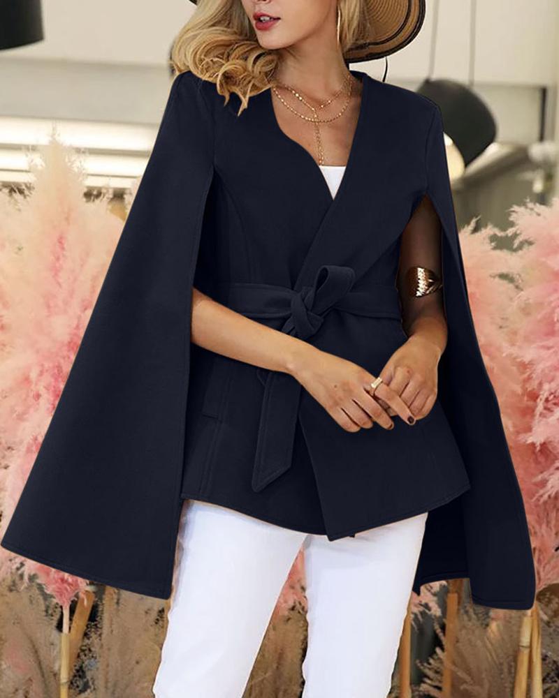 

Solid Cape Design V Neck Wool Coat, Dark blue