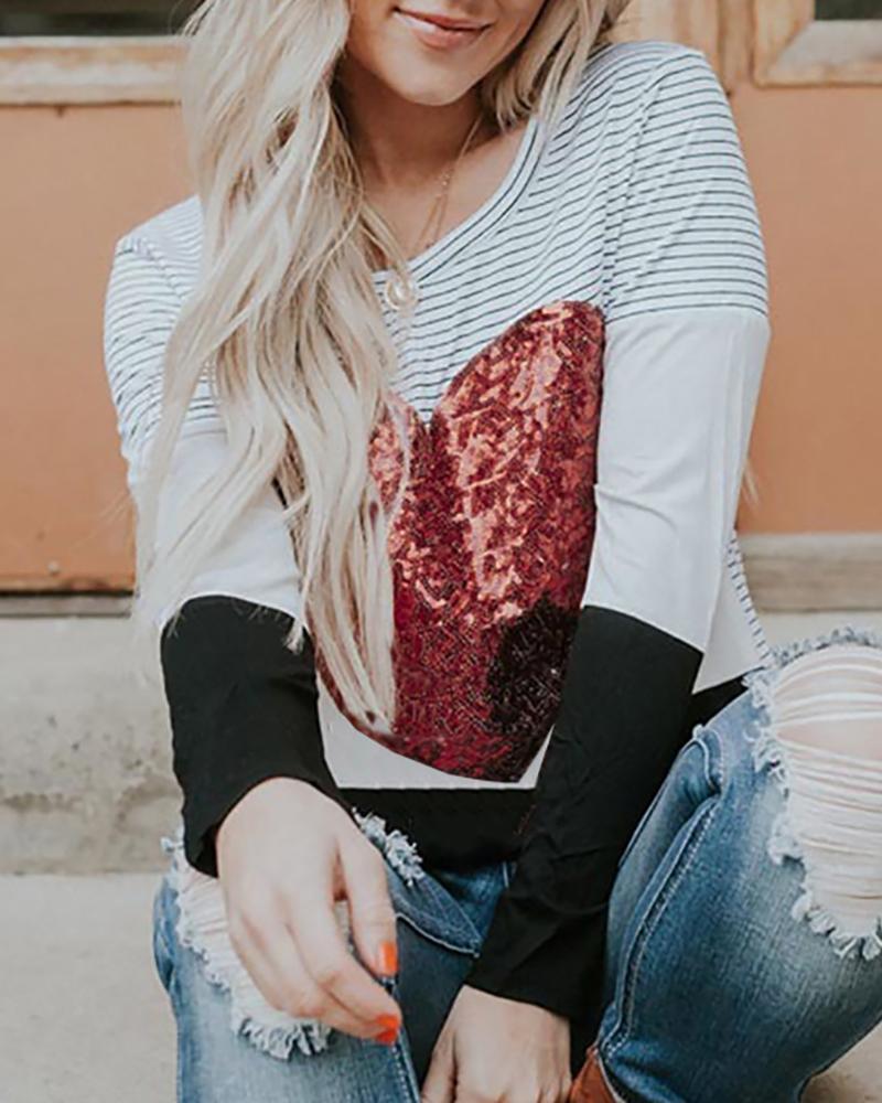 

Sequins Heart Pattern Long Sleeve Top, Black