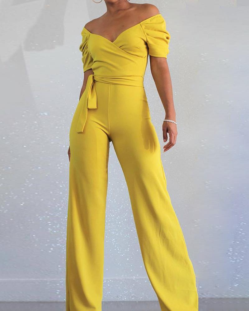 

Off Shoulder Puff Sleeve Tie Waist Jumpsuit