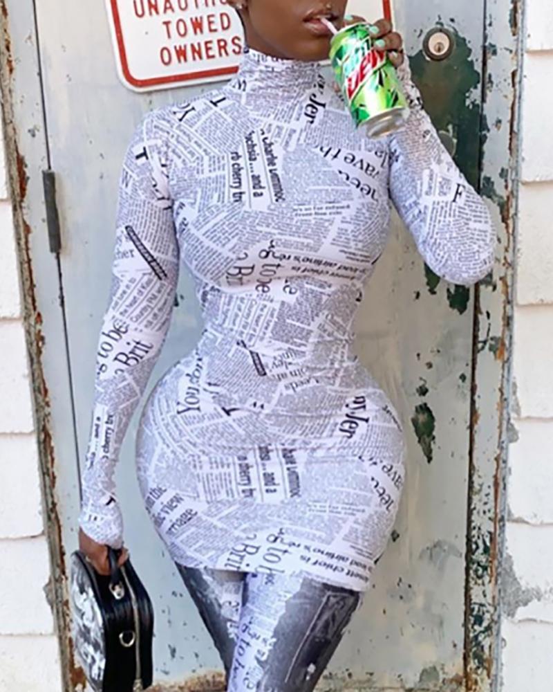 

High Neck Newspaper Print Bodycon Dress, White