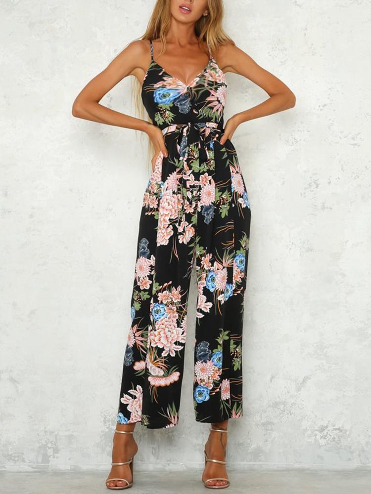 

Floral Print Tied Waist Slit Spaghetti Strap Jumpsuit, Black
