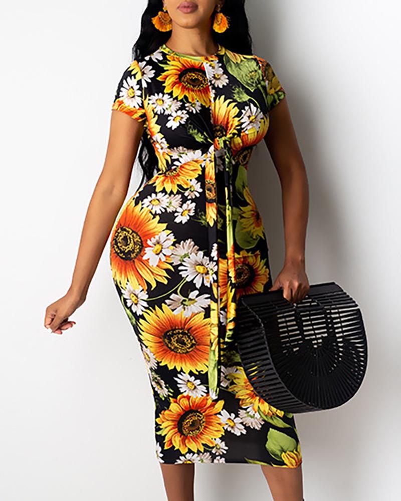 

Sunflower Print Tied Detail Dress, Black
