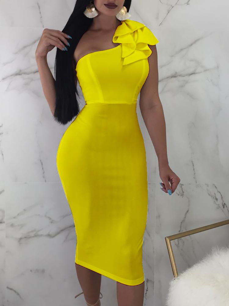 

Solid Ruffles One Shoulder Bodycon Dress, Yellow