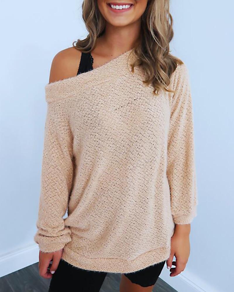 

Solid Skew Neck Knitting Casual Sweater