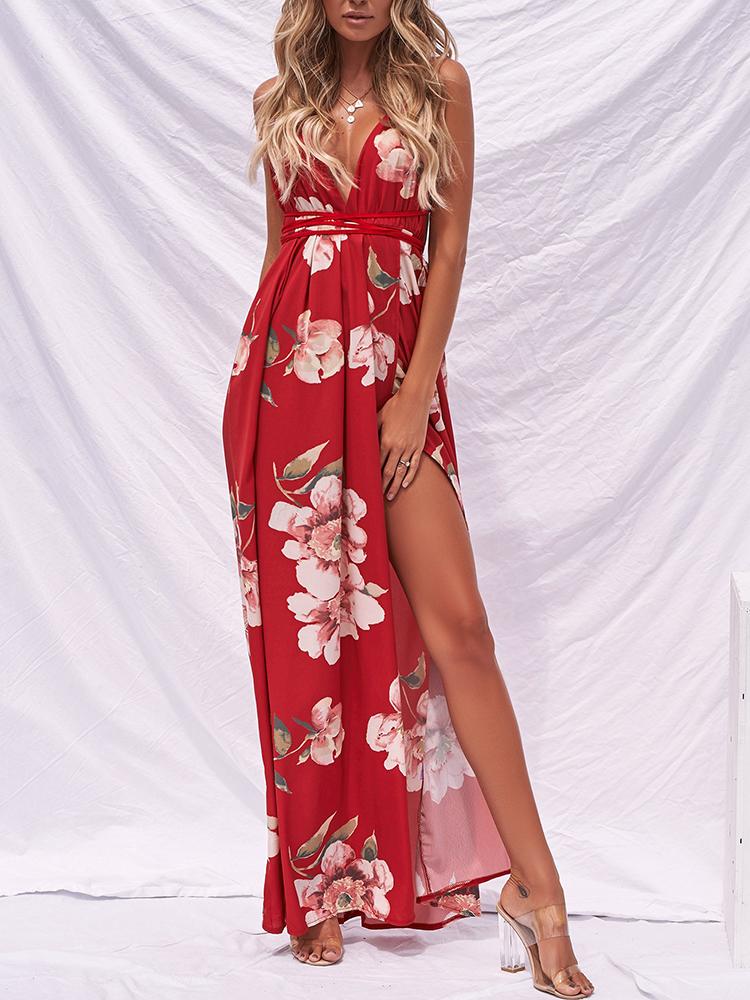 

Floral Strappy Backless High Split Maxi Dress, Red