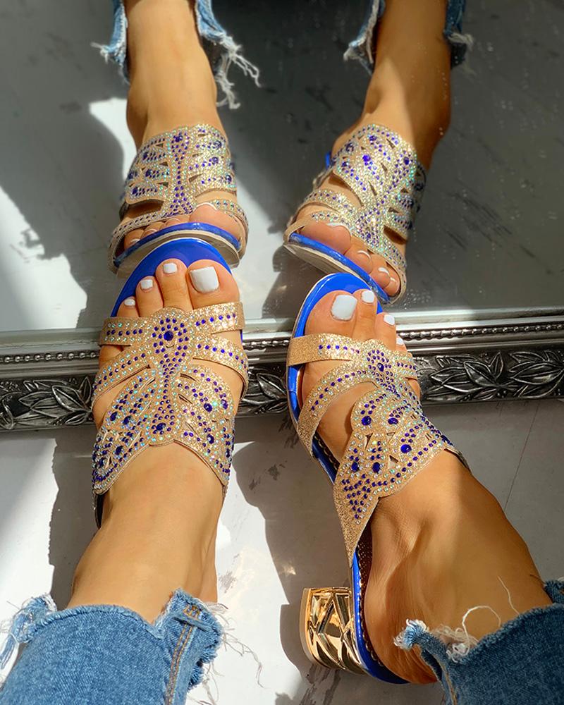 

Studded Cut Out Design Chunky Heeled Sandals, Blue