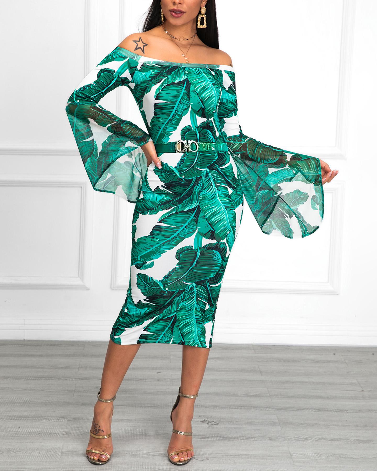 

Off Shoulder Tropical Print Bell Sleeve Dress, Green