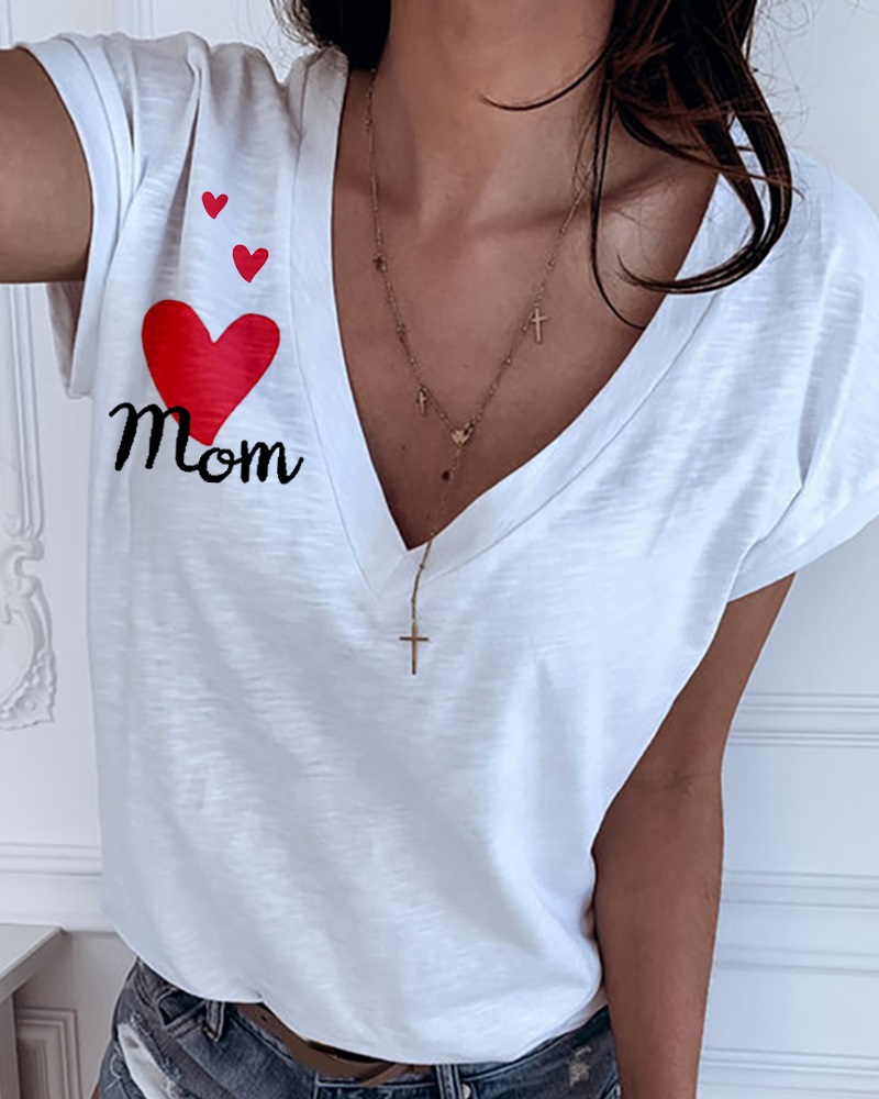 

Heart Letter Print V-neck Casual T-shirt, White
