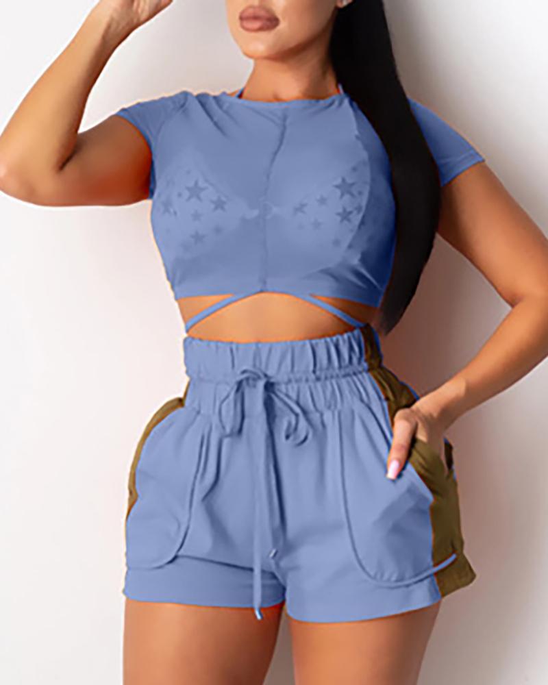 

Sheer Mesh Top & Drawstring Pocket Design Shorts Set, Blue