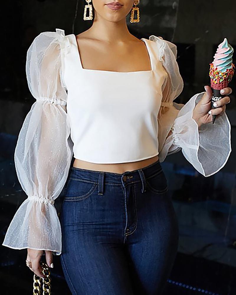 

Patchwork Mesh Bell Sleeve Crop Top, White