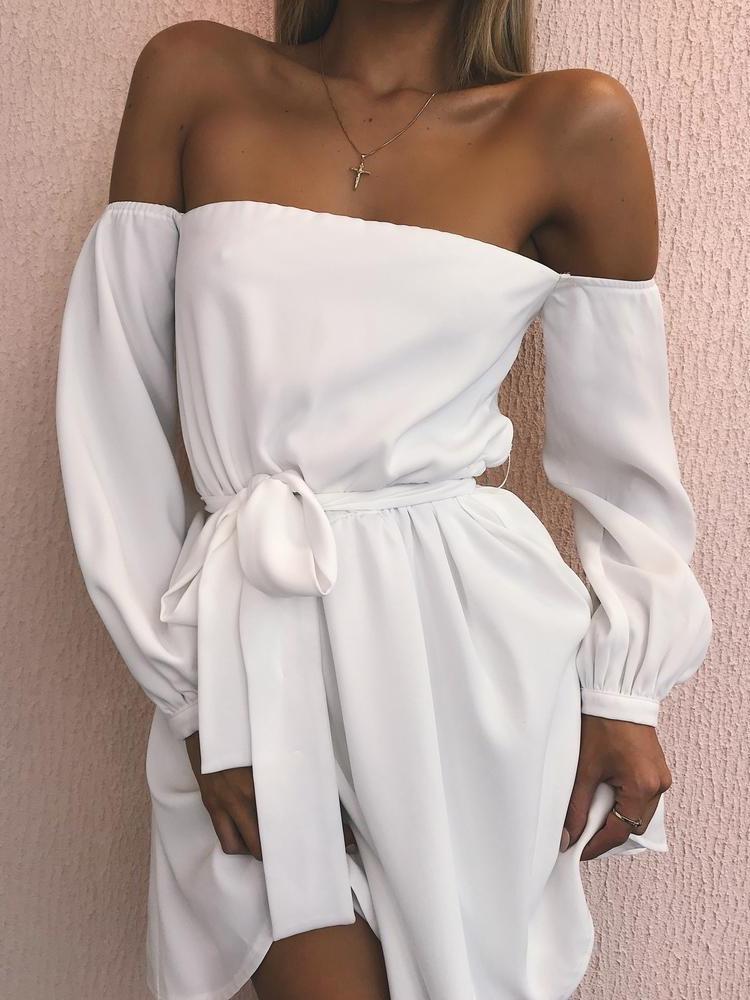 

Trendy Off Shoulder Belted Casual Dress
