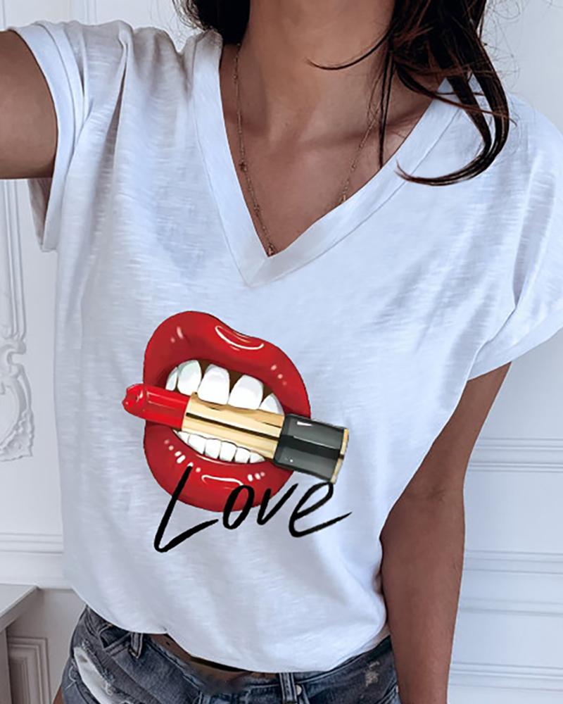 

Letter Lip Print V-neck Casual T-shirt, White