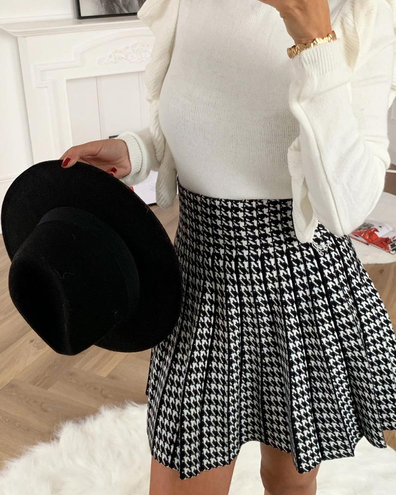 

Houndstooth Print High Waist Pleated Skirt, Black