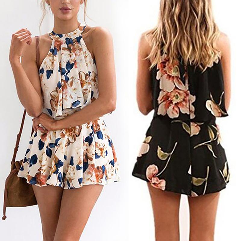 

Floral Halter Pleated Top & Shorts Sets, Black