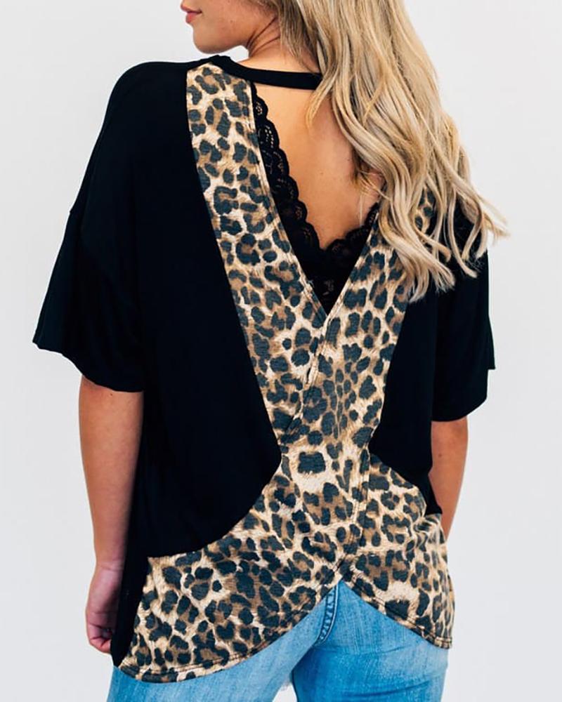 

Leopard Crisscross Print Back Casual T-Shirt, Black
