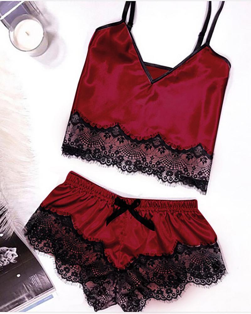 

Eyelash Lace Low Cut Cami Set, Red
