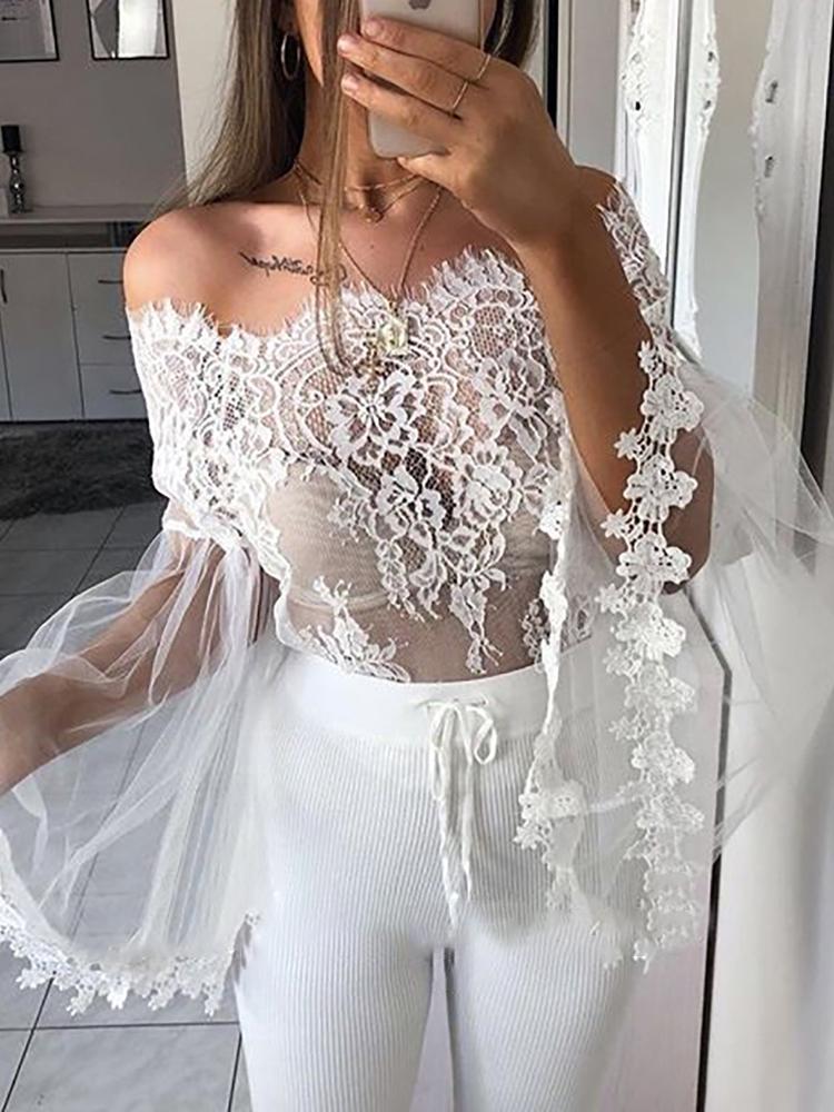 

Off Shoulder Mesh Lace Spliced Flared Sleeve Blouse