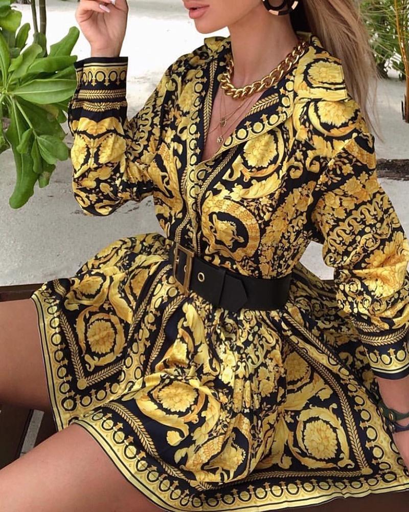 

Vintage Scarf Print Long Sleeve Shirt Dress, Gold