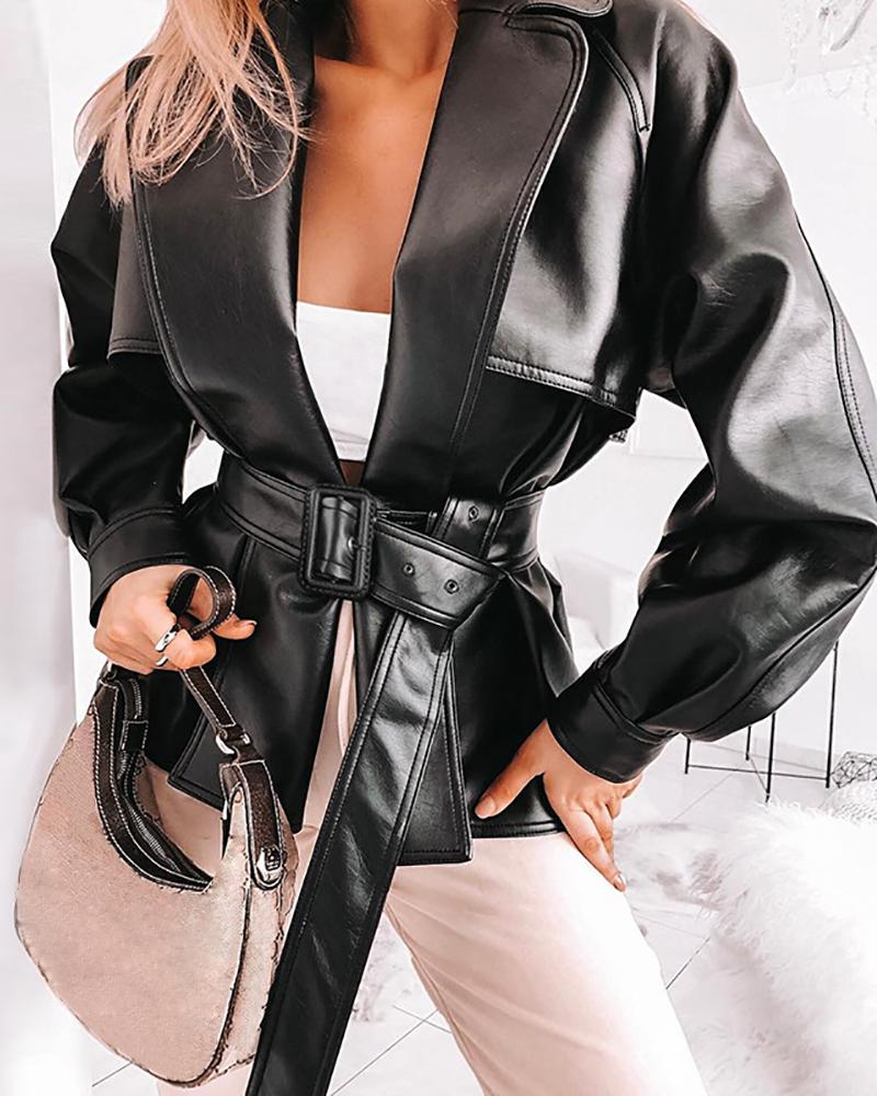 

Solid Turn-down Collar Lantern Sleeve PU Coat, Black