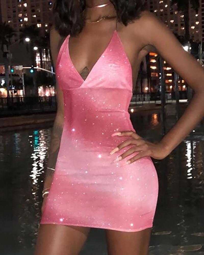 

Spaghetti Strap V-Neck Bodycon Dress, Pink