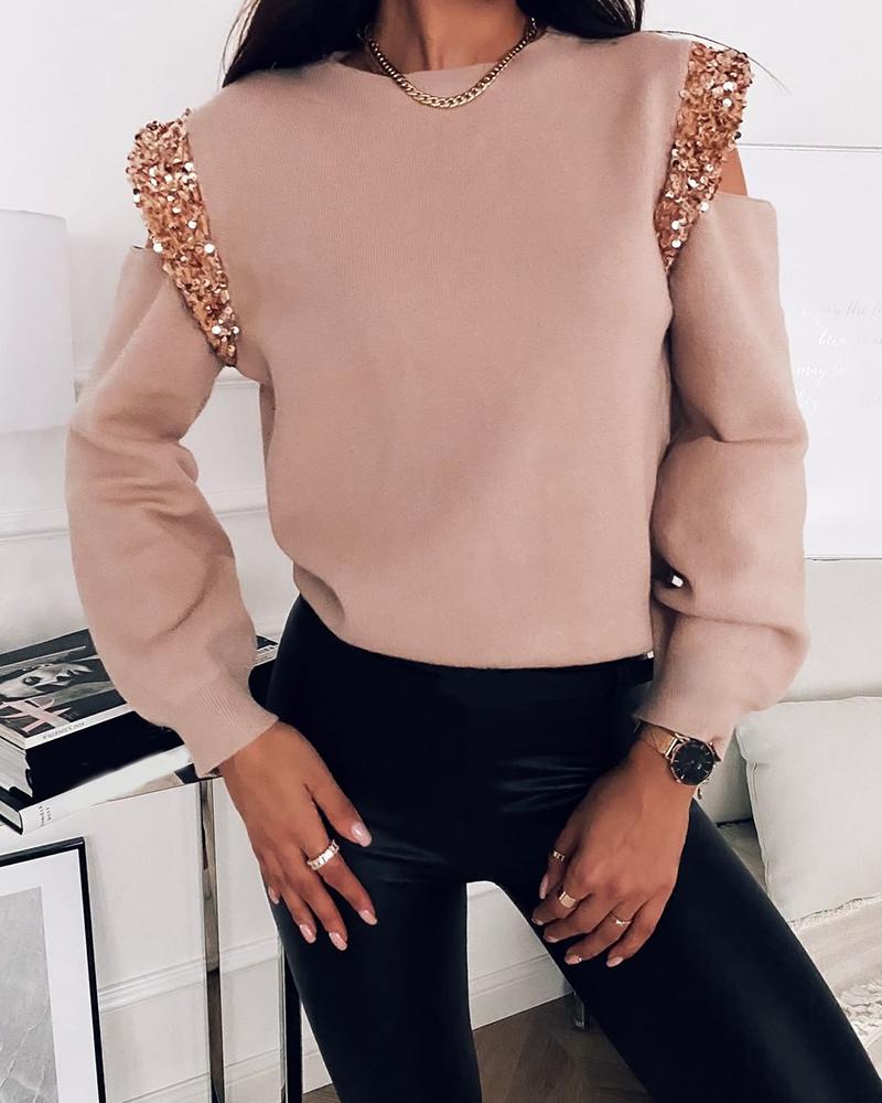 

Sequins Cutout Long Sleeve Sweatshirt, Pink