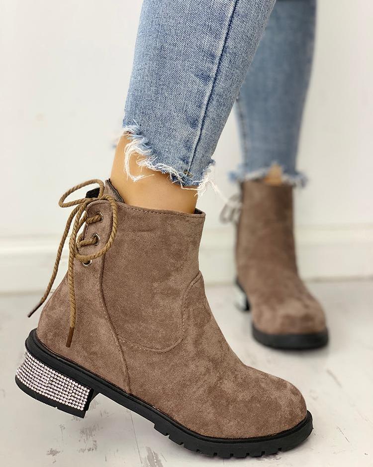 

Gem-Studded Insert Lace-Up Back Boots, Khaki