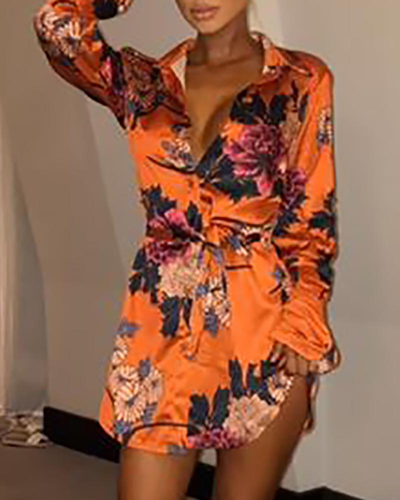 

Floral Print Tied Shirt Dress, Orange