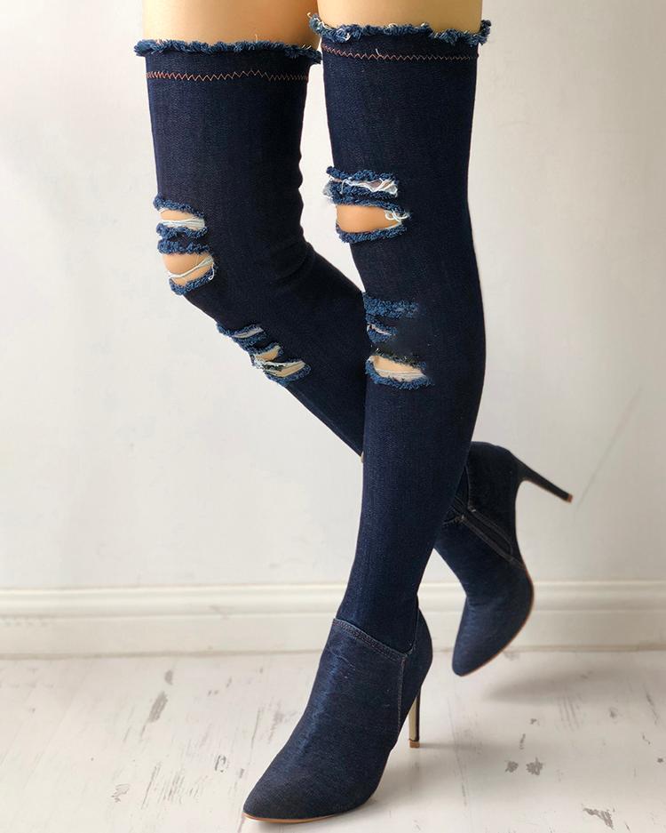 

Denim Knee-High Side Zipper Ripped Thin Heel Boots, Dark blue