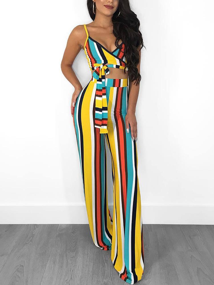 

Colorful Striped Knot Waist Cami Top & Pant Sets